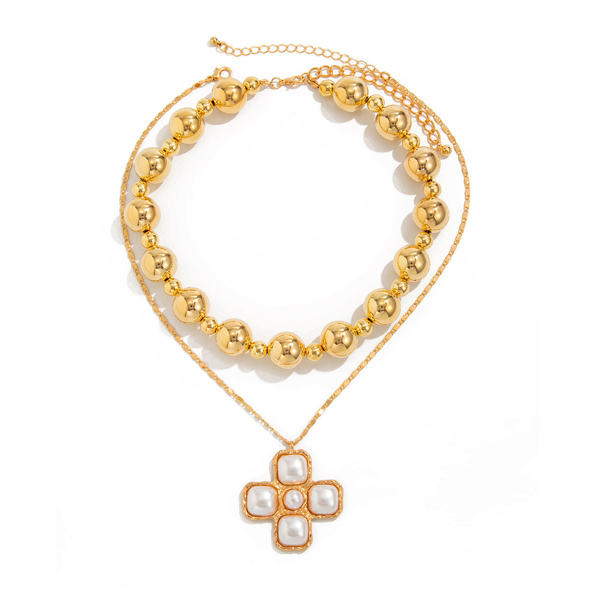 Collar de doble capa geométrico atrevido con colgante de cruz, cadena de aleación y acabado galvanizado para mujer