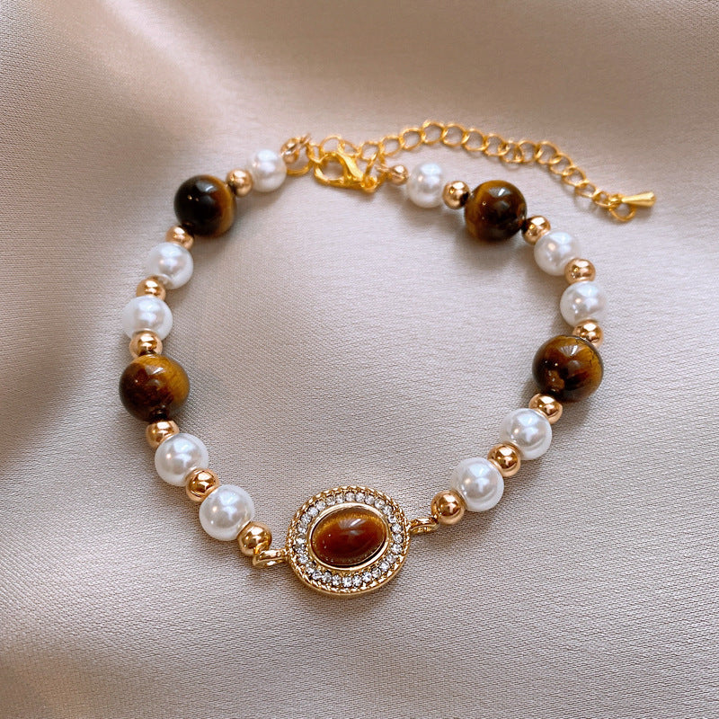 Vintage Luxury Geometric Cubic Zirconia Inlaid Pearl Bracelet for Women