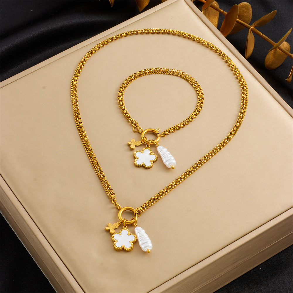 Fashion Elegant Floral Flower Butterfly Round Stainless Steel Plated Pendant Cable Chain Jewelry Set for Women