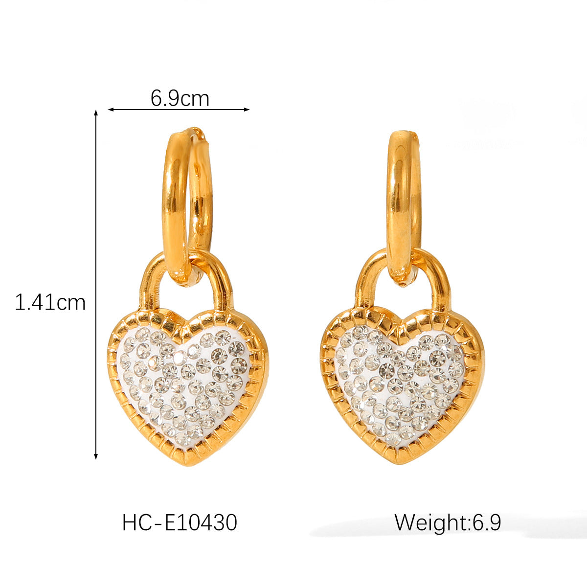 Fashion 18K Gold Plated Stainless Steel Heart Pendant Earrings with White Shell and Rhinestone for Women