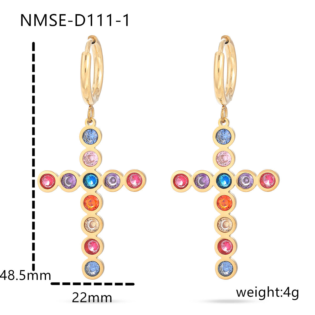 Elegantes pendientes de acero inoxidable con forma de cruz para mujer, con acabado chapado e incrustaciones de pedrería de colores