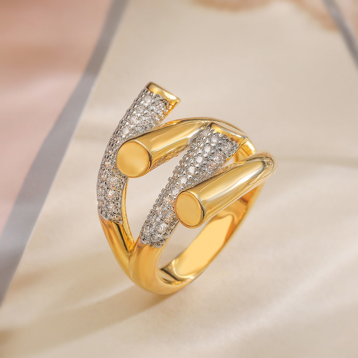 Fashionable Irregular Geometric Ring for Women in Copper with Micro-Pave Zirconia Plating