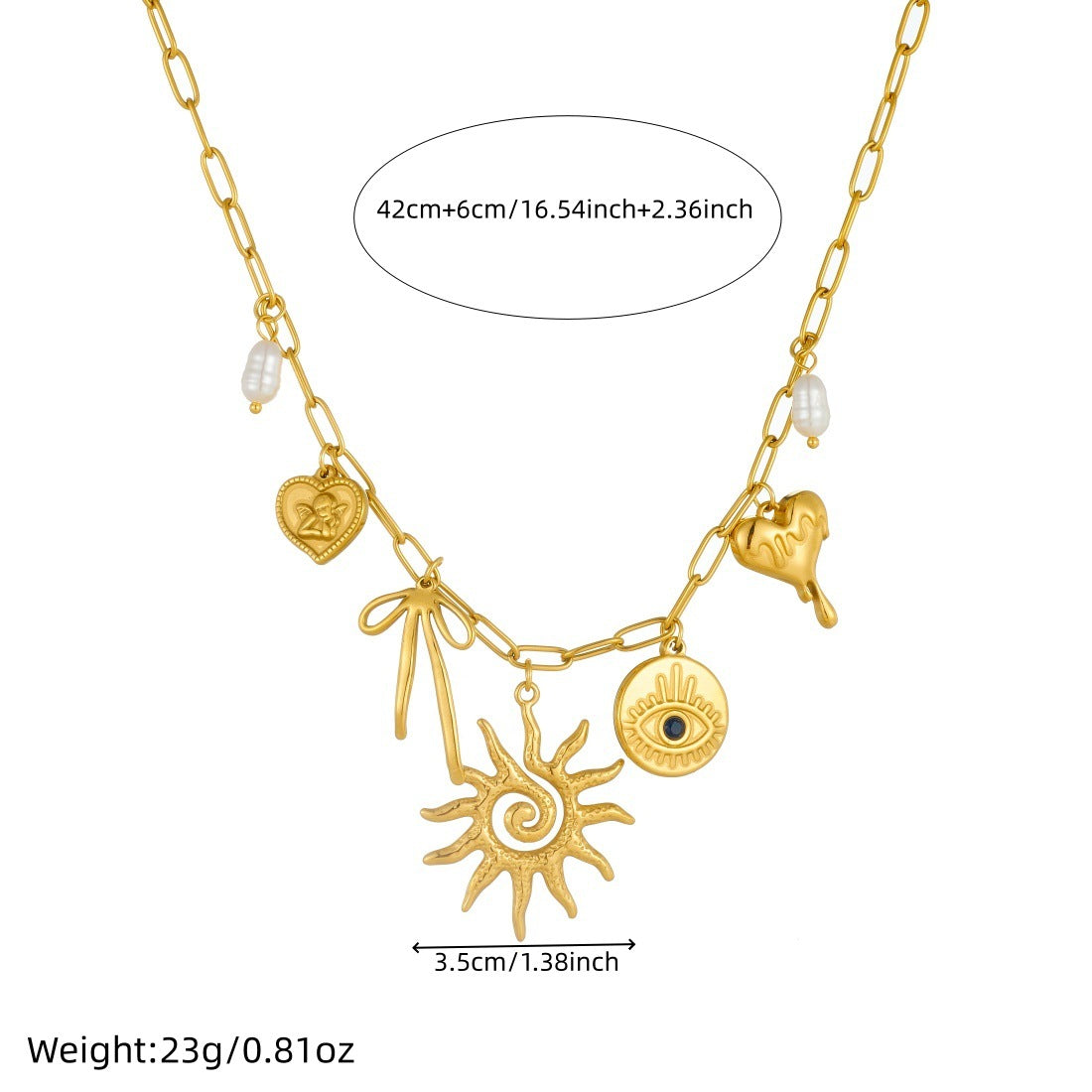 Vintage Gold Plated Stainless Steel Heart and Bow Pearl Pendant Necklace for Women