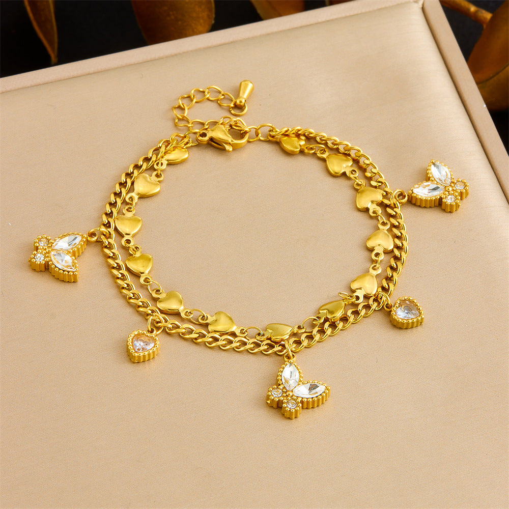 Fashion Stainless Steel Heart Butterfly Rhinestone Plated Bracelet for Women
