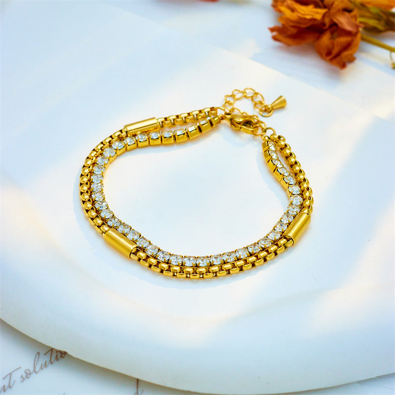 Punk Style Creative Hip Hop Handcrafted Rhinestone-Embellished Titanium Steel Multi-Layer Stackable Bracelet for Women