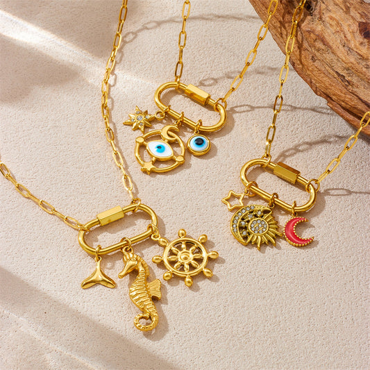 Collar de acero inoxidable con colgante de ojo, timón de barco, luna, criatura marina personalizada, relleno de aceite, con cadena de serpiente para mujer