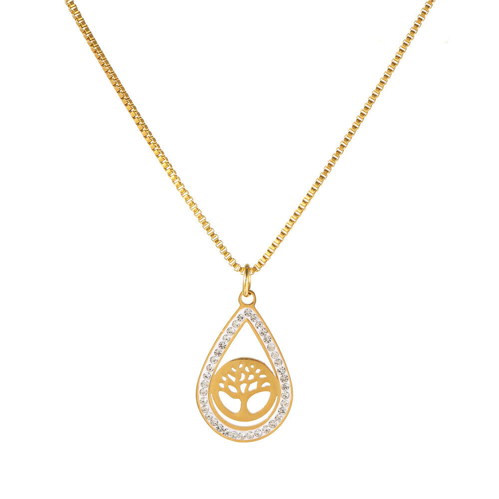 Sweet Teardrop Geometric Stainless Steel Inlaid Cubic Zirconia Alloy Pendant Necklace Box Chain
