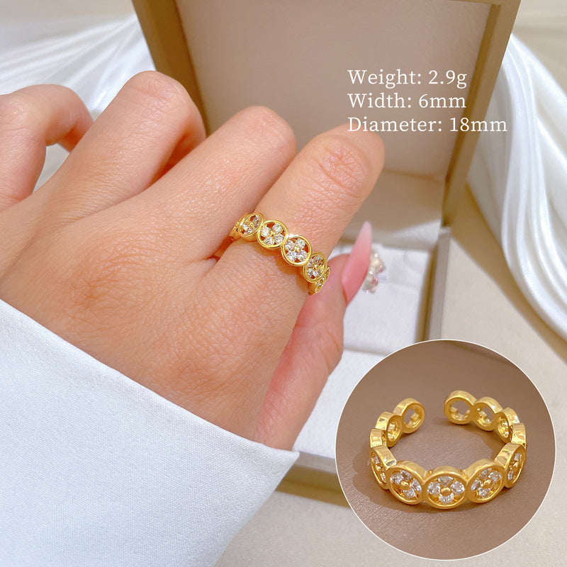 Cartoon Style Clover-Shaped Gold-Plated Brass Adjustable Ring for Women with Crown Design