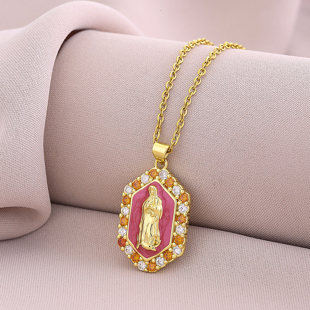 Collana con Pendente Vintage in Smalto e Zirconia dalla Forma Geometrica con Catena a Maglie per Unisex