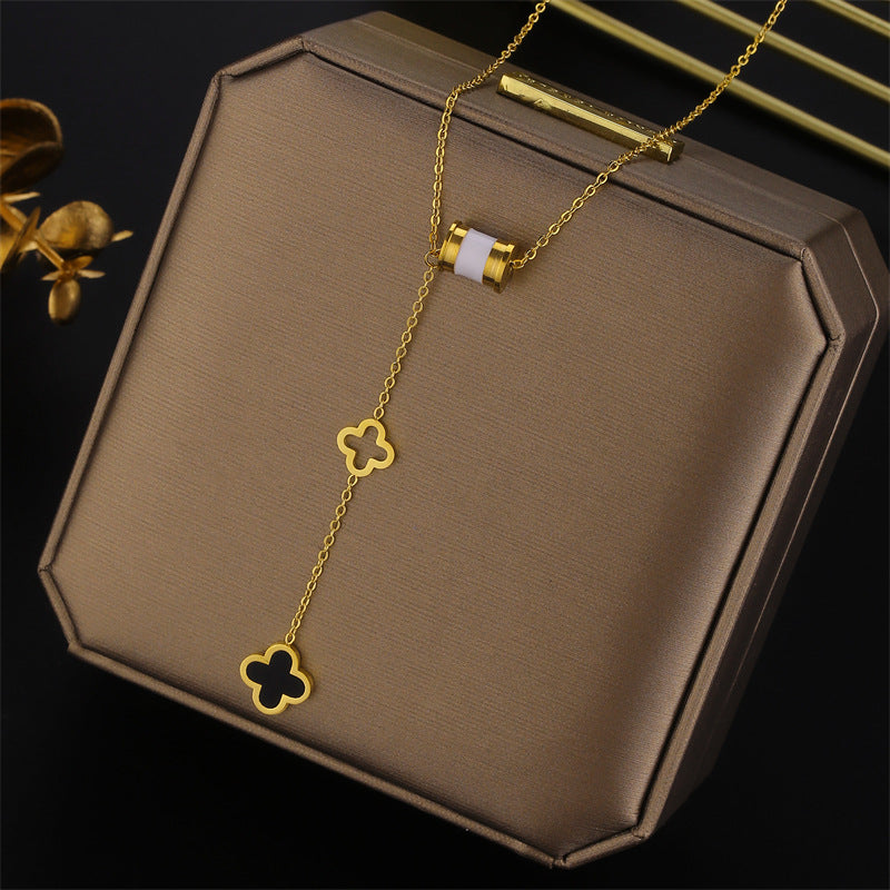 Minimalist Four-Leaf Clover Pendant Necklace in Titanium Steel with Gold Plating on Ball Chain for Women