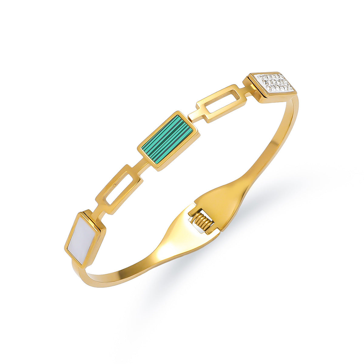 Pulsera rígida abierta vintage de acero inoxidable para mujer con detalles de pedrería y acabado chapado