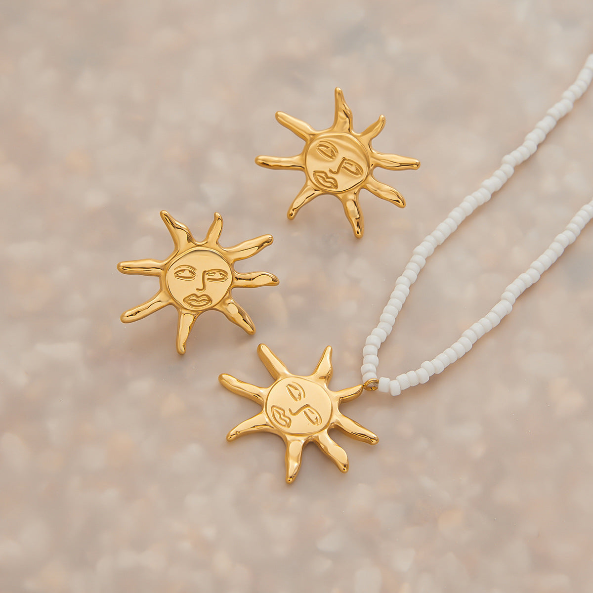 Minimalist 18K Gold Plated Titanium Steel Star Moon Pendant Necklace and Earring Set with Ball Chain for Women