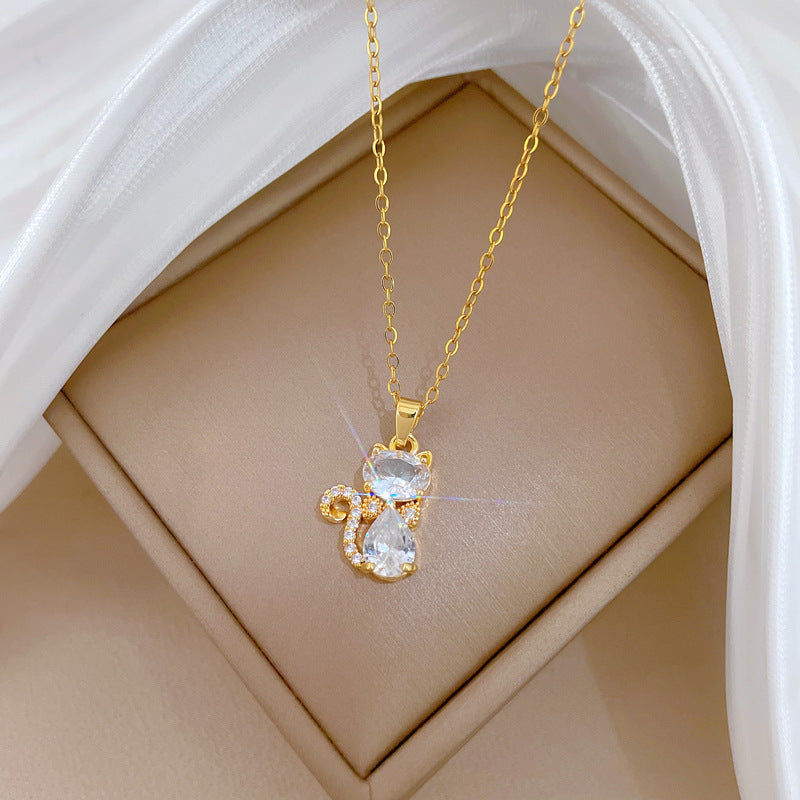 Sweet Luxury Cat Shape Cubic Zirconia Inlay Titanium Steel Necklace for Unisex