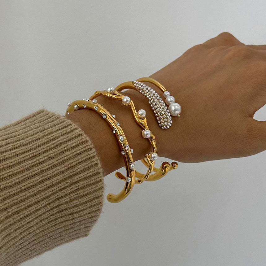 Bracciale in acciaio inossidabile placcato con intarsio in perla geometrica rotonda