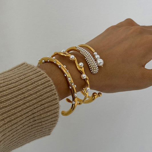 Round Geometric Pearl Inlay Plated Stainless Steel Bracelet