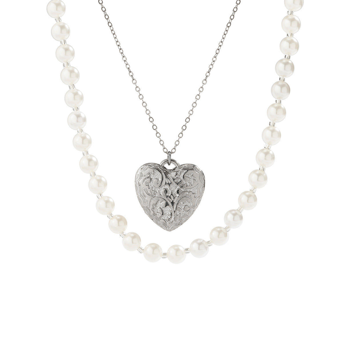 Collana con pendente a cuore dolce e audace da donna in lega con finitura galvanica su catena di perle