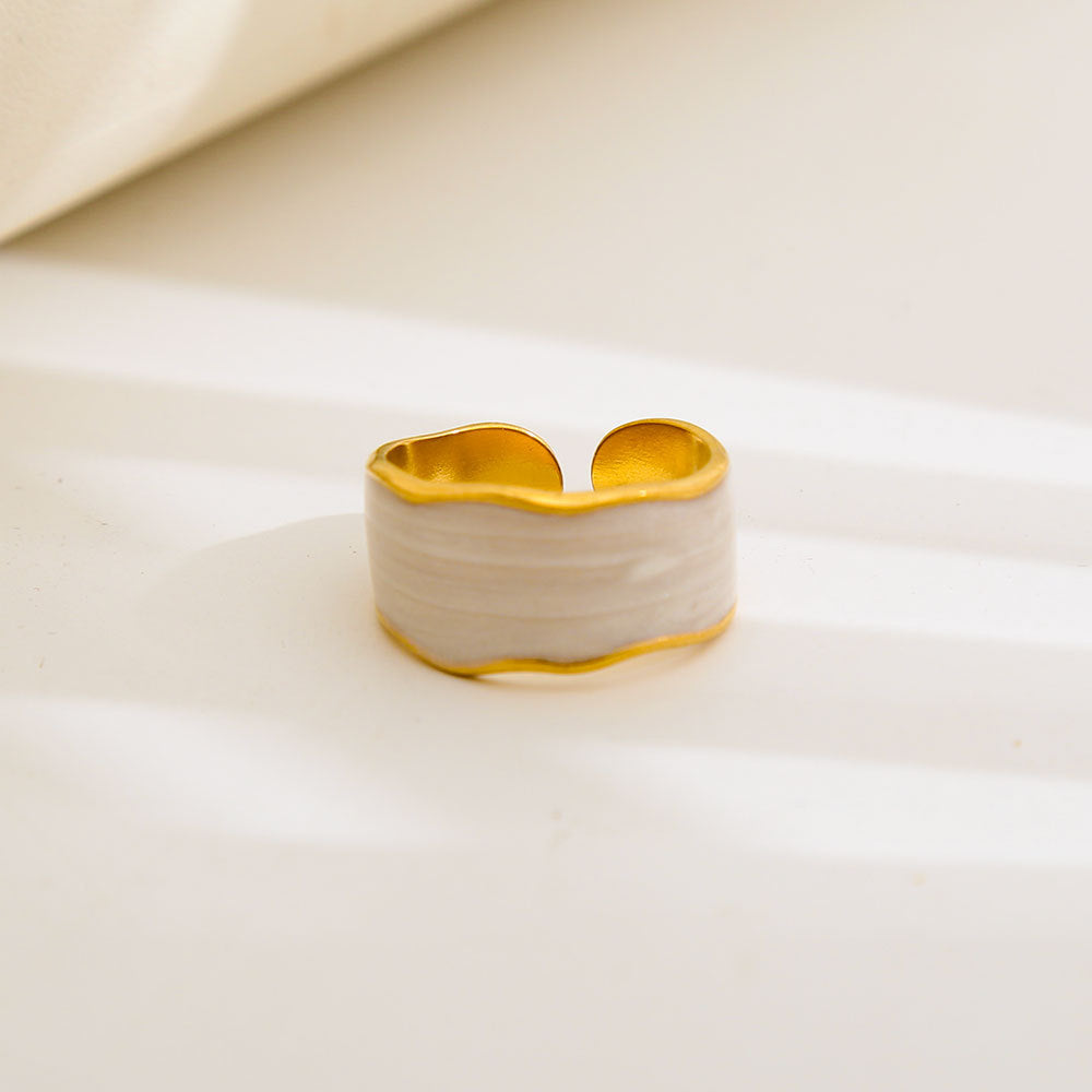 Anello geometrico rotondo in acciaio al titanio con smalto bianco e nero, regolabile, in stile vintage