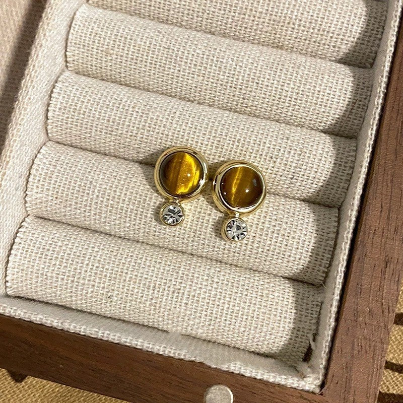 Pendientes de tuerca retro de ojo de tigre geométricos con baño de rodio para mujer, joyería de uso diario minimalista de lujo