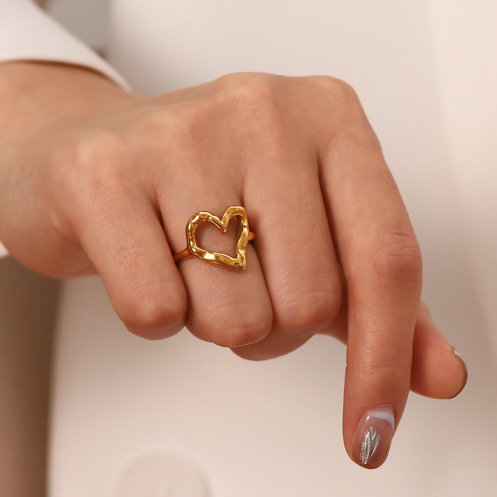 Minimalist Heart-Shaped Titanium Steel Ring with Gold Plating for Women, Hypoallergenic Hammered Texture Design