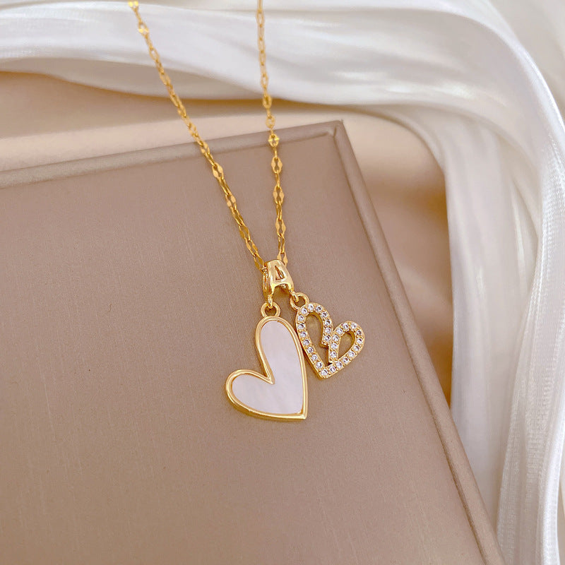 Collana di lusso con cuore a doppio strato, geometrica, con strass, in acciaio al titanio, pendente in acciaio inossidabile, catena in rame