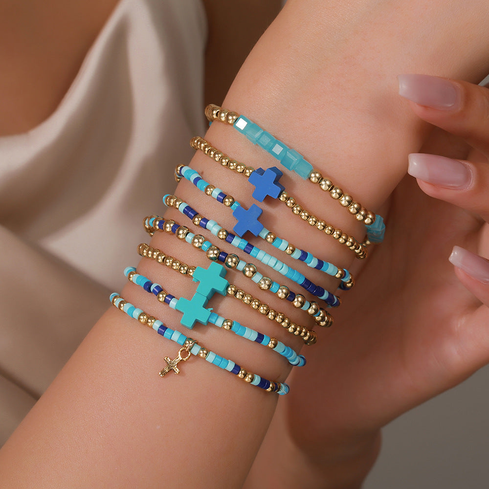 Colorful Seed Bead and Soft Pottery Cross Bracelet Handmade Multi-Layer Stacked Beach Jewelry for Women and Men
