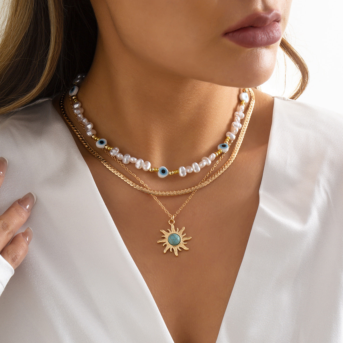 Vintage Bohemian Eye Sun Pendant Resin Alloy Pearl Turquoise Ball Chain Necklace