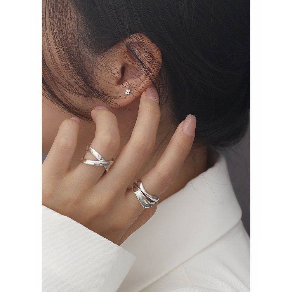 Minimalist 925 Sterling Silver Polished Geometric Crossover Open Ring for Women