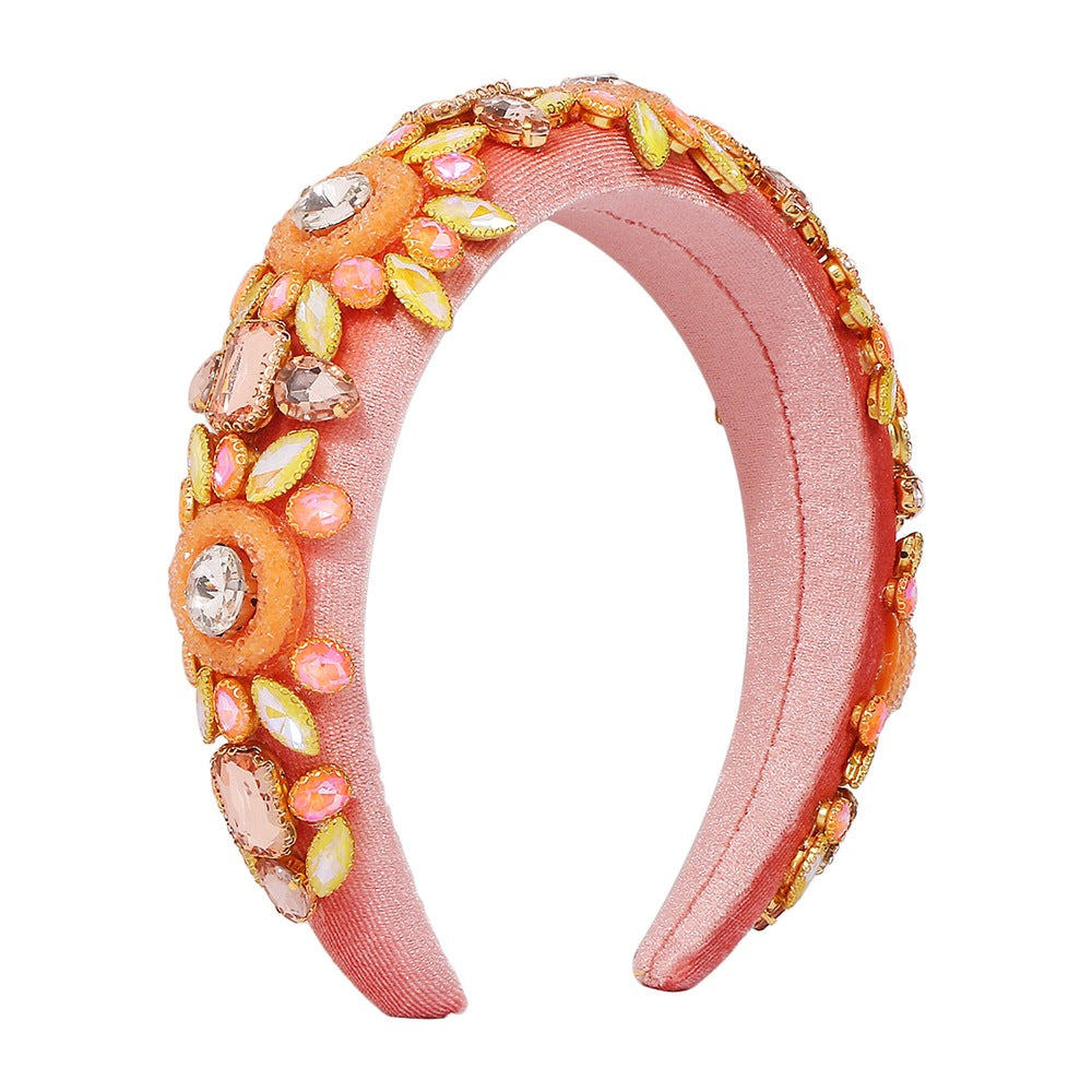 Cerchietto largo da donna in stile barocco, impreziosito da strass con design geometrico e circolare