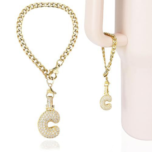 Cubic Zirconia Inlaid Brass Letter Charm Bar with Plated Finish