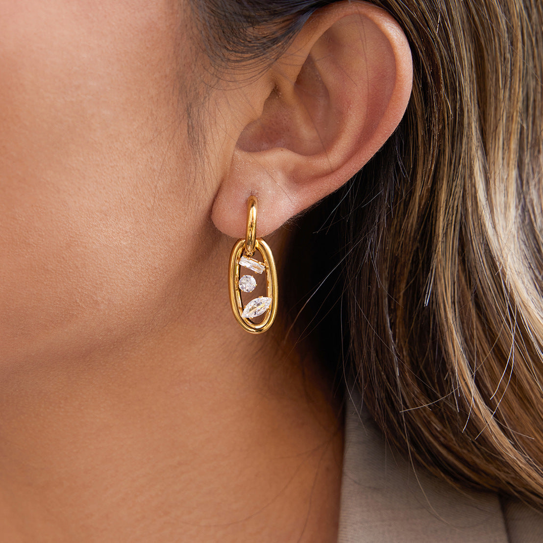 Orecchini geometrici in acciaio inossidabile placcati oro 18K con zirconi per donna, Lusso e moda per tutti i giorni