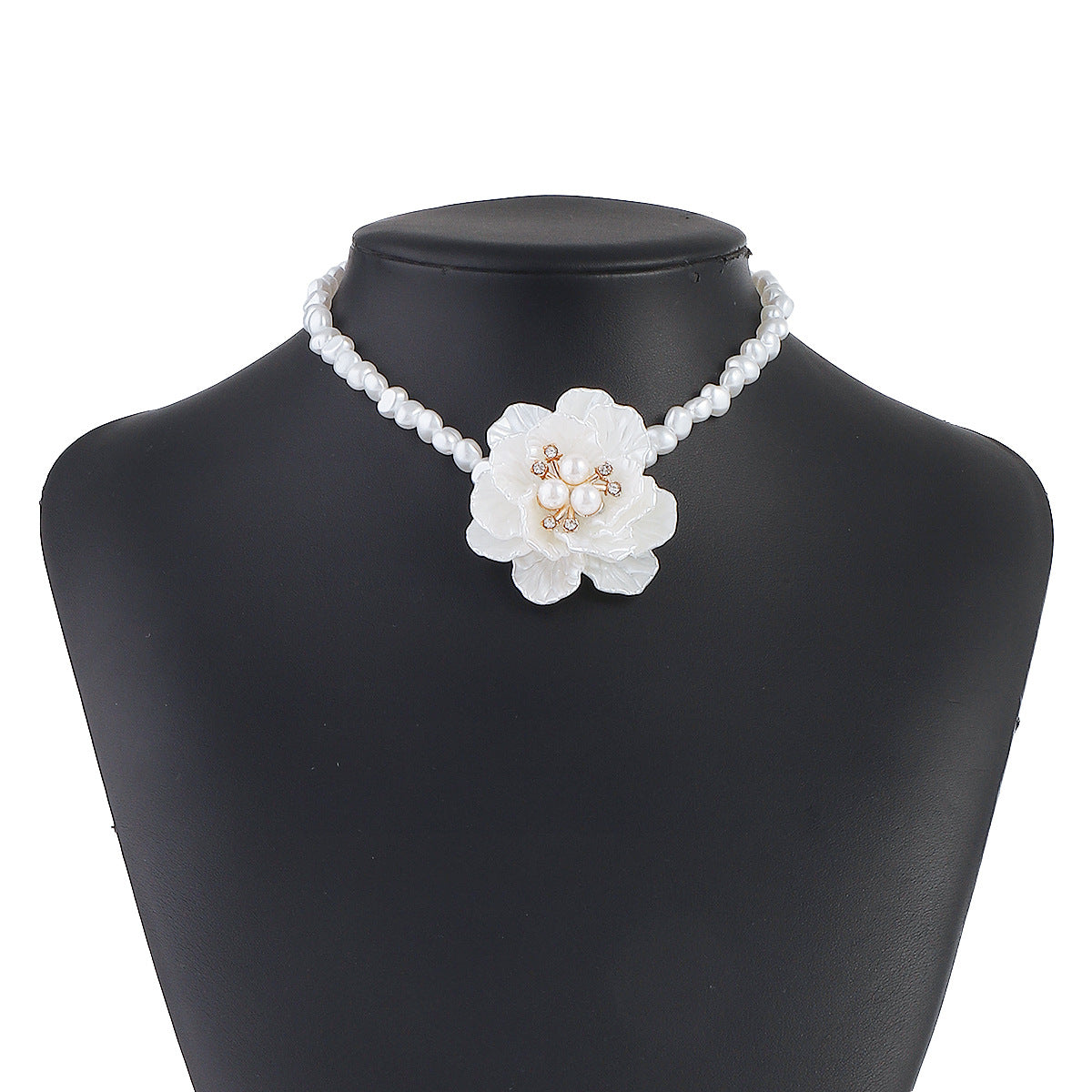 Dulce Collar Reto Geométrico de Camelia con Perlas de Imitación y Diamantes de Imitación para Mujer