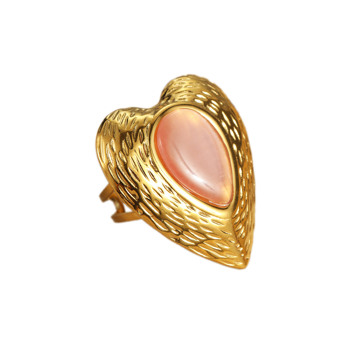 Luxury Vintage Oversized Heart-Shaped Titanium Steel Ring with Cat's Eye Stone Inlay and Gold Plating for Women