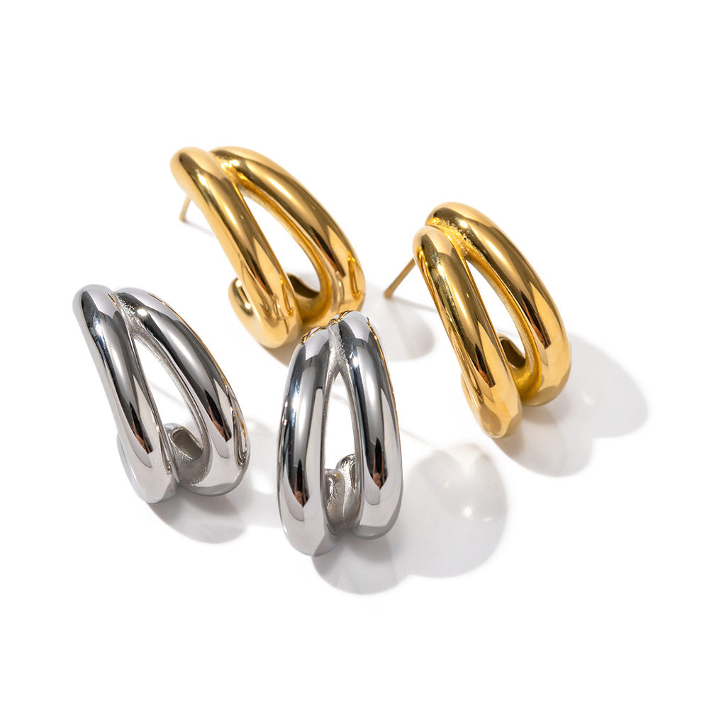 Trendy Geometric Double Layer Hollow C-Shaped 18K Gold Plated Stainless Steel Stud Earrings for Women