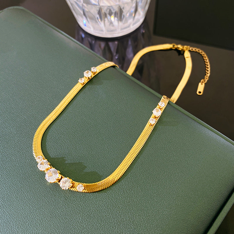 Vintage Rhinestone Pearl Plated Titanium Steel Snake Chain Necklace Unisex