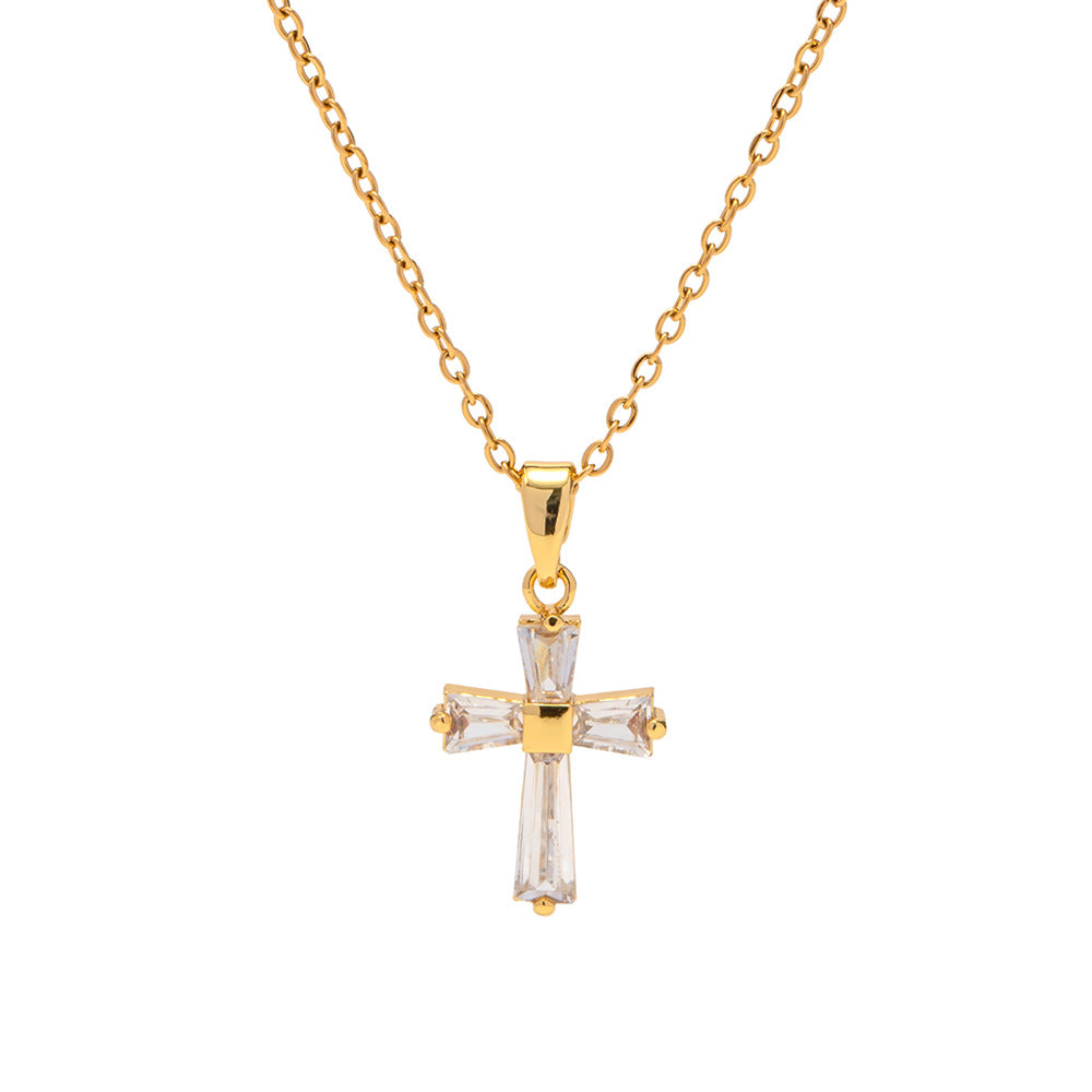Minimalist Geometric Stainless Steel Pendant Necklace with 18K Gold Plating and White Zircon Inlay for Women