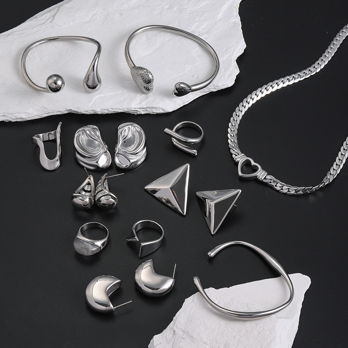 Minimalist Geometric Stainless Steel Bracelet Ring and Earrings Set with Polished Finish
