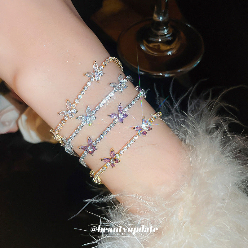 Luxury Floral Bracelet with Zircon Inlay for Women, Elegant Fashion Hand Chain with Butterfly Motif