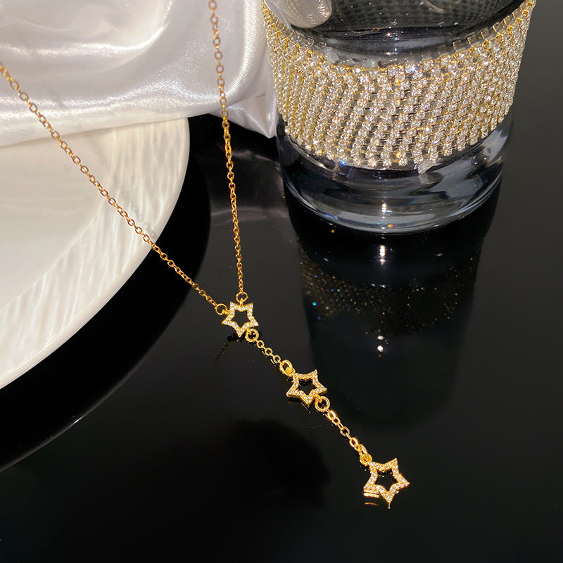 Micro-Paved Cubic Zirconia Star Floral Tassel Titanium Steel Necklace for Women