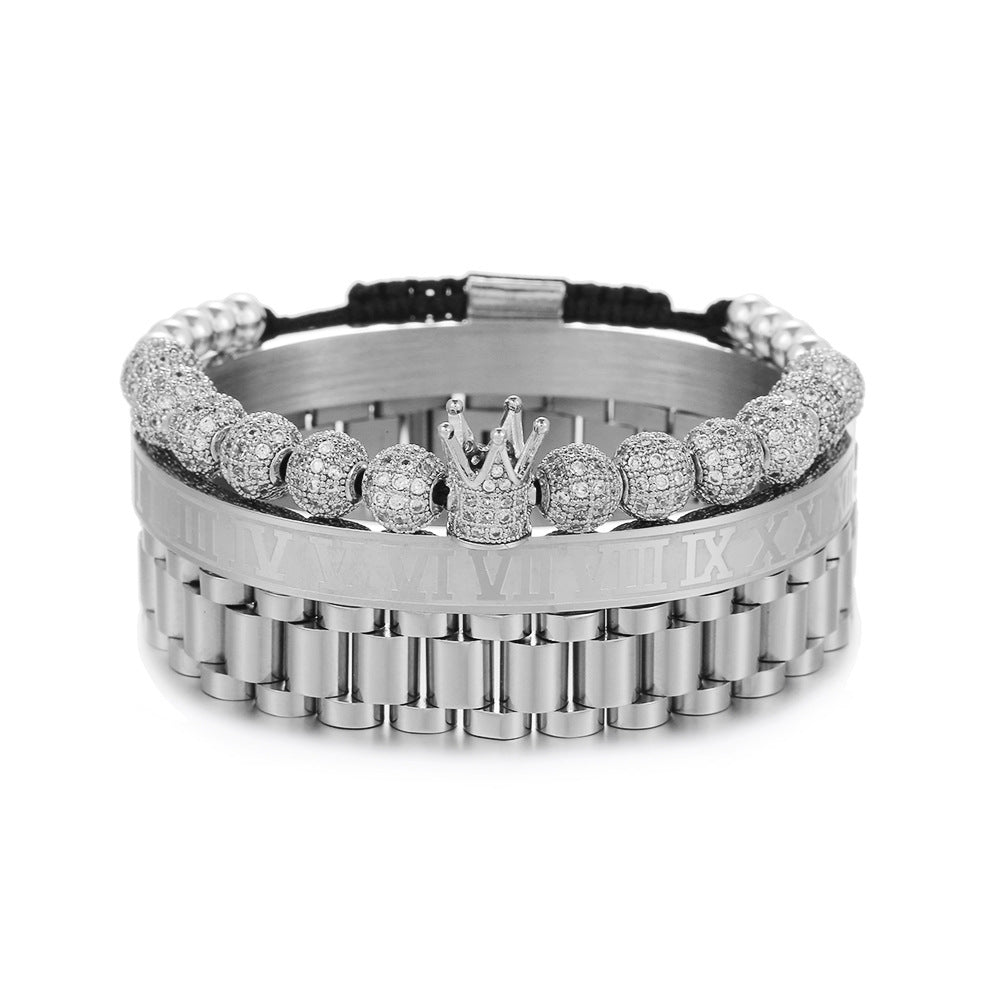 Vintage Hip-hop Crown Letter Braided Cubic Zirconia Titanium Steel Bracelet Set