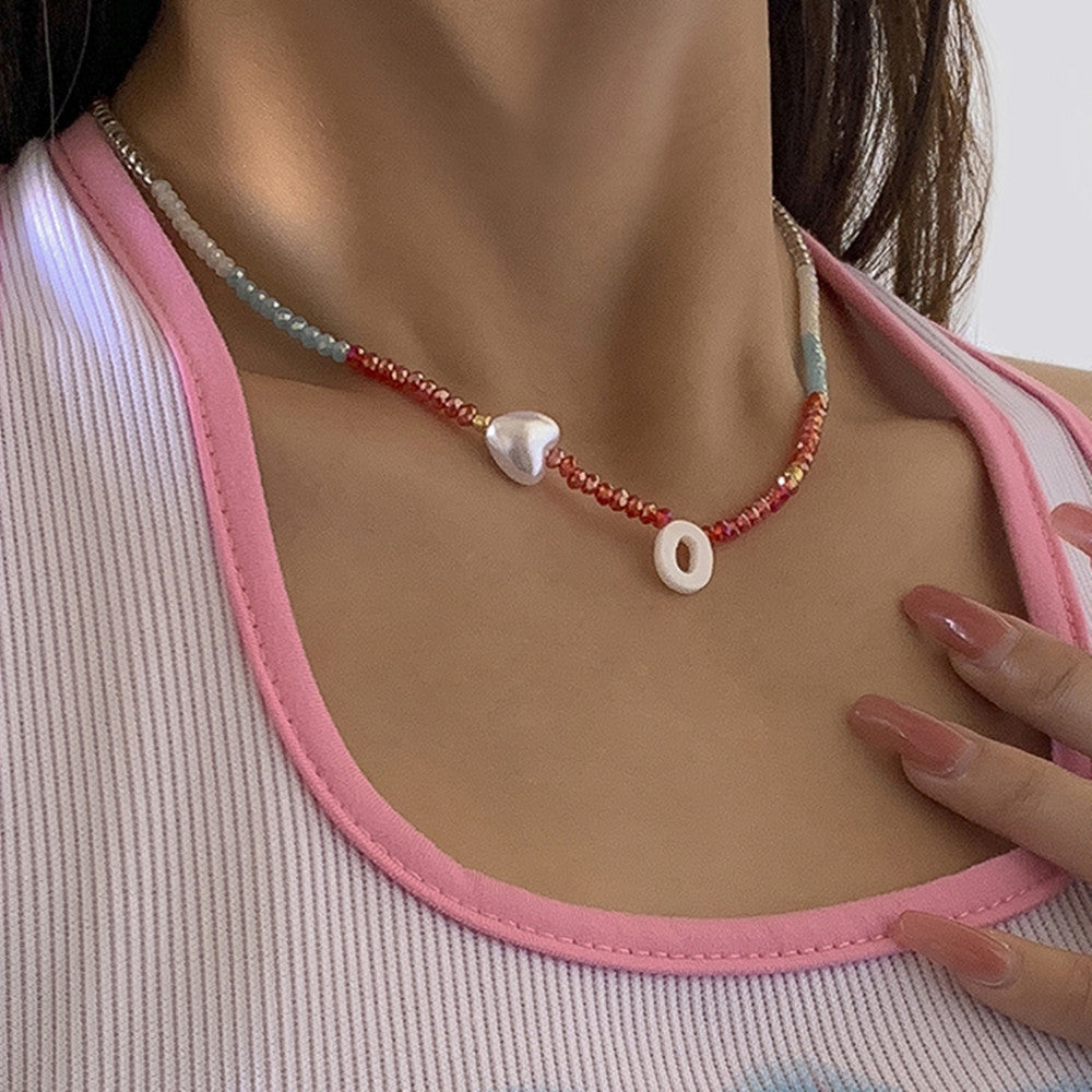 Bohemian Floral Letter Imitation Pearl Crystal Beaded Snake Chain Necklace for Women