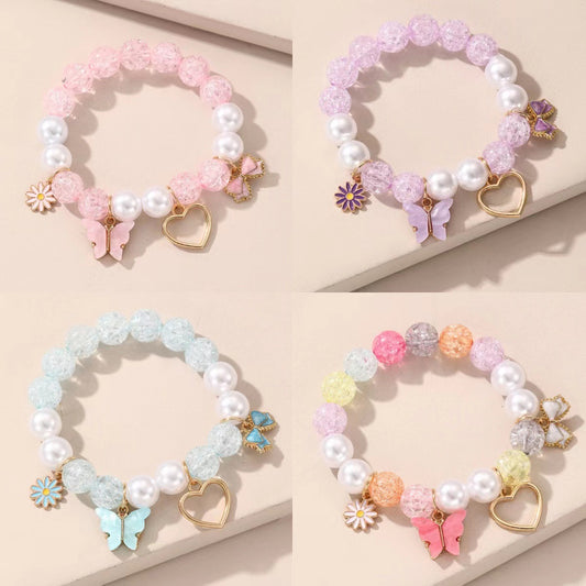 Bracciale Minimalista con Cuore e Farfalla in Perline di Vetro per Bambini con Accenti Floreali Colorati