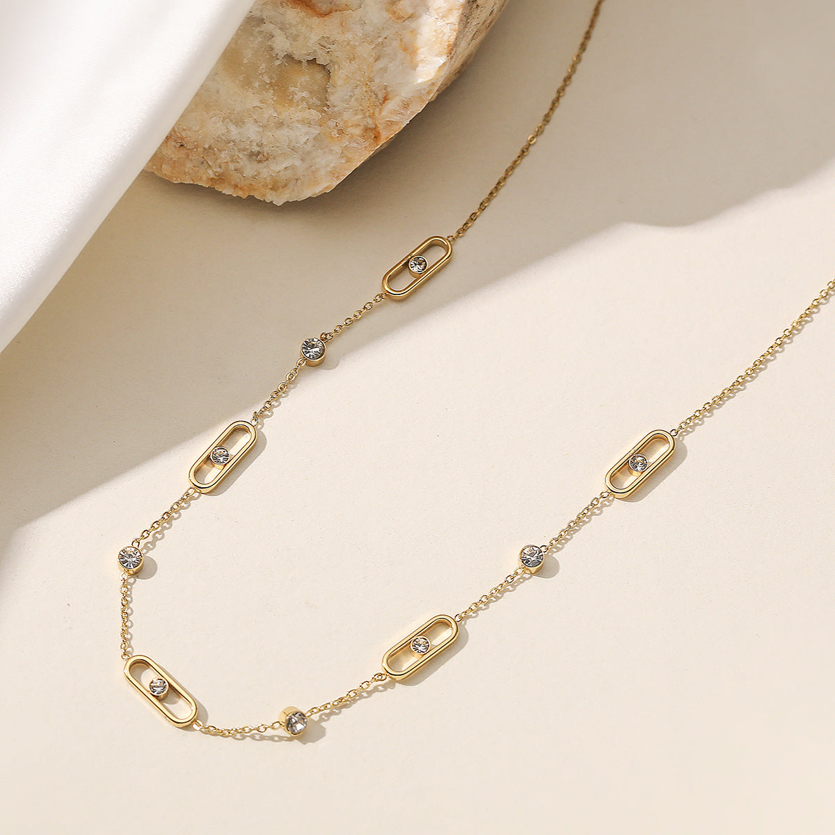 Minimalist 18K Gold Plated Geometric Stainless Steel Necklace with Cubic Zirconia for Women