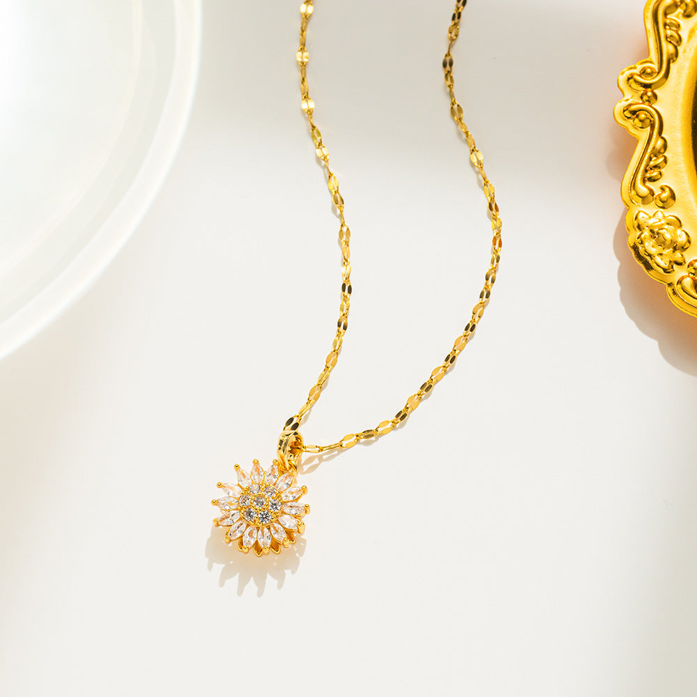 Luxury Rotating Sunflower Pendant Necklace in Titanium Steel with Full Rhinestone Inlay for Women, Delicate Clavicle Chain with Wavy Link Design