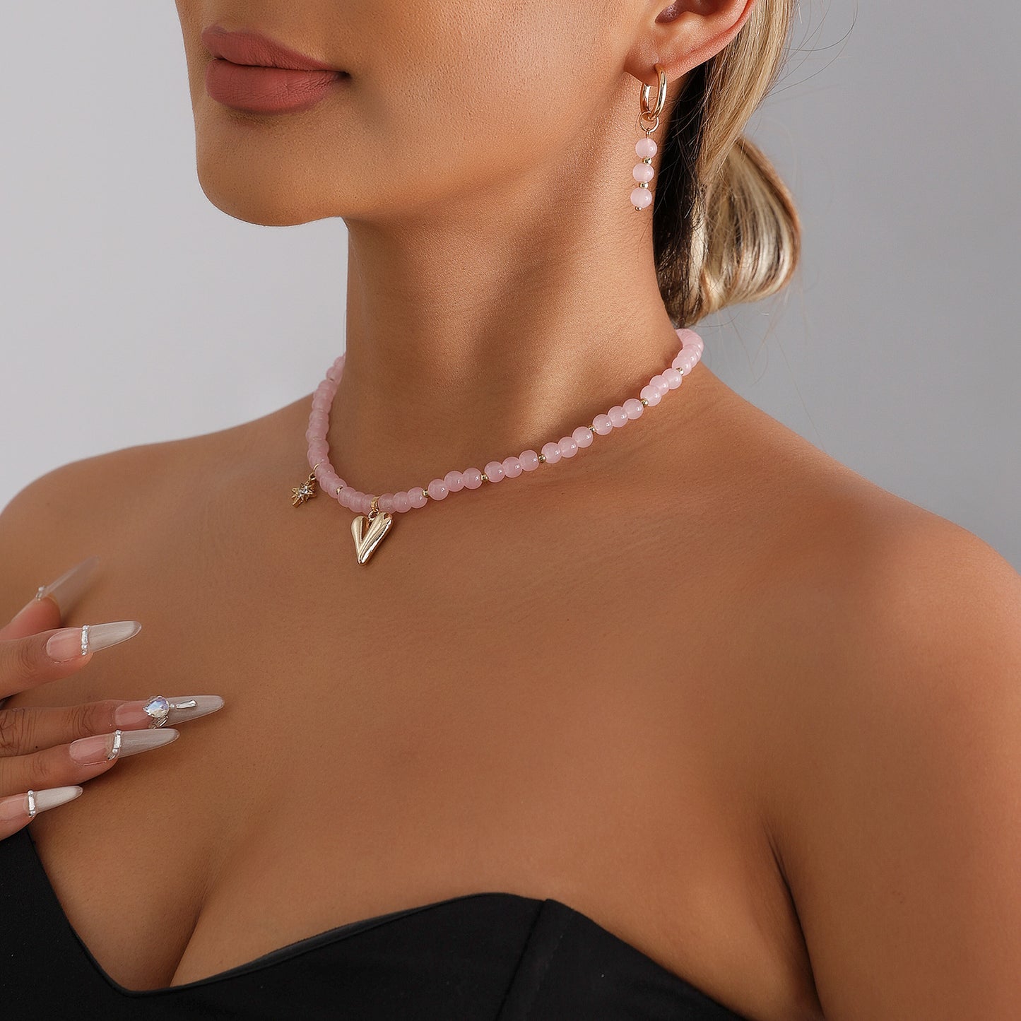 Pink Heart Geometric Beaded Necklace ABS Alloy Plated Pendant for Women