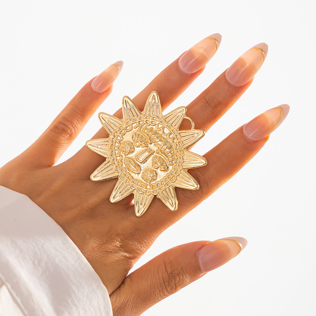 Anello aperto in lega minimalista a forma di girasole da donna con perle finte e motivo a foglia