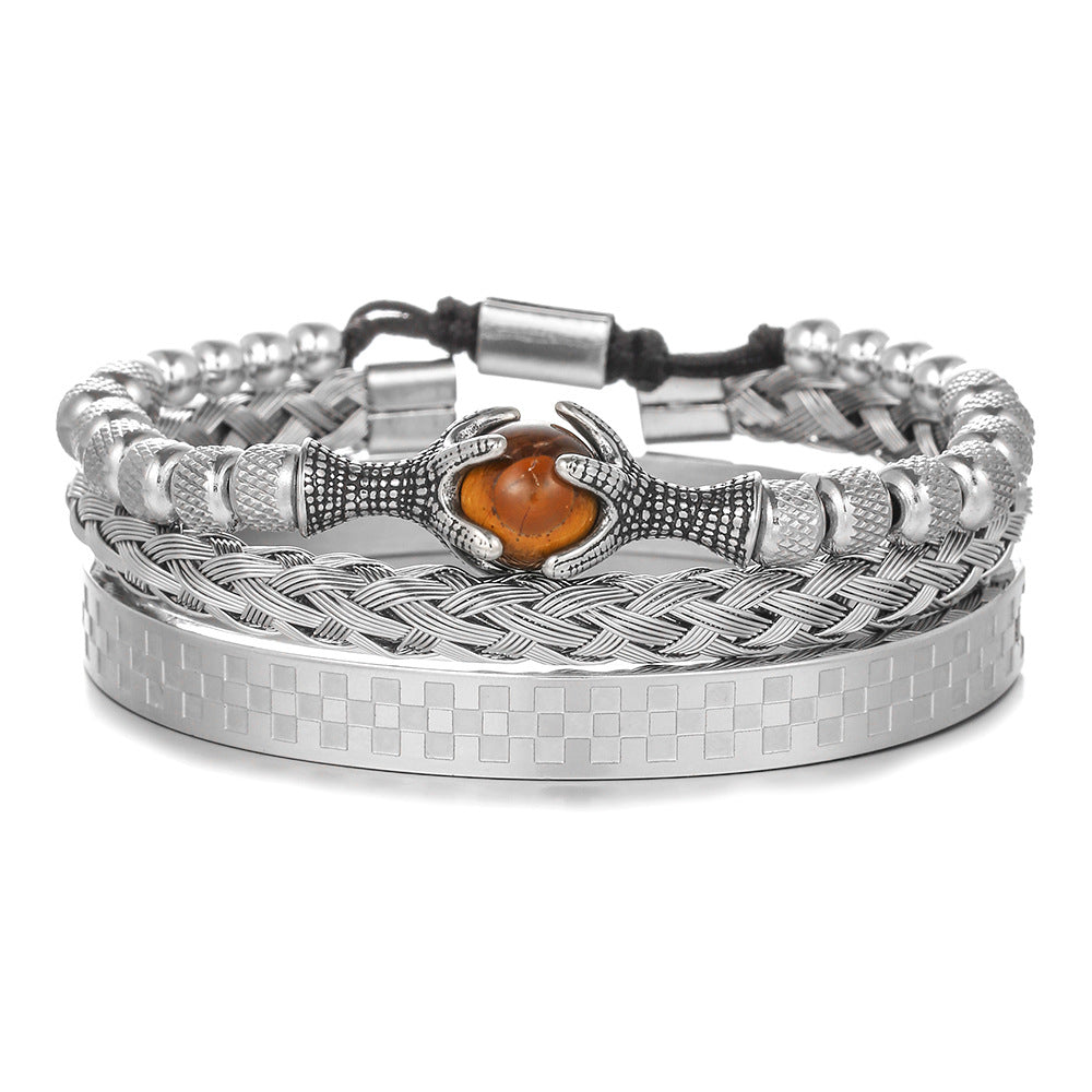 Personalized 10mm Tiger's Eye Titanium Steel Rope Chain Bracelet Set with Dragon Claw Beads