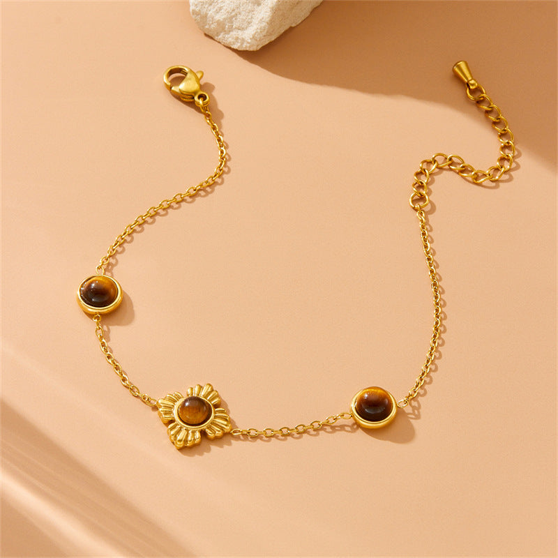 Fashion Gold Plated Stainless Steel Floral Tiger Eye Agate Necklace and Bracelet Set for Women