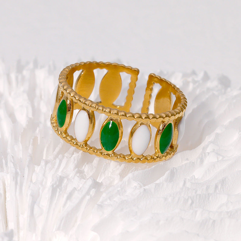 Vintage French-Style Geometric Enamel Gold-Plated Stainless Steel Open Ring for Women