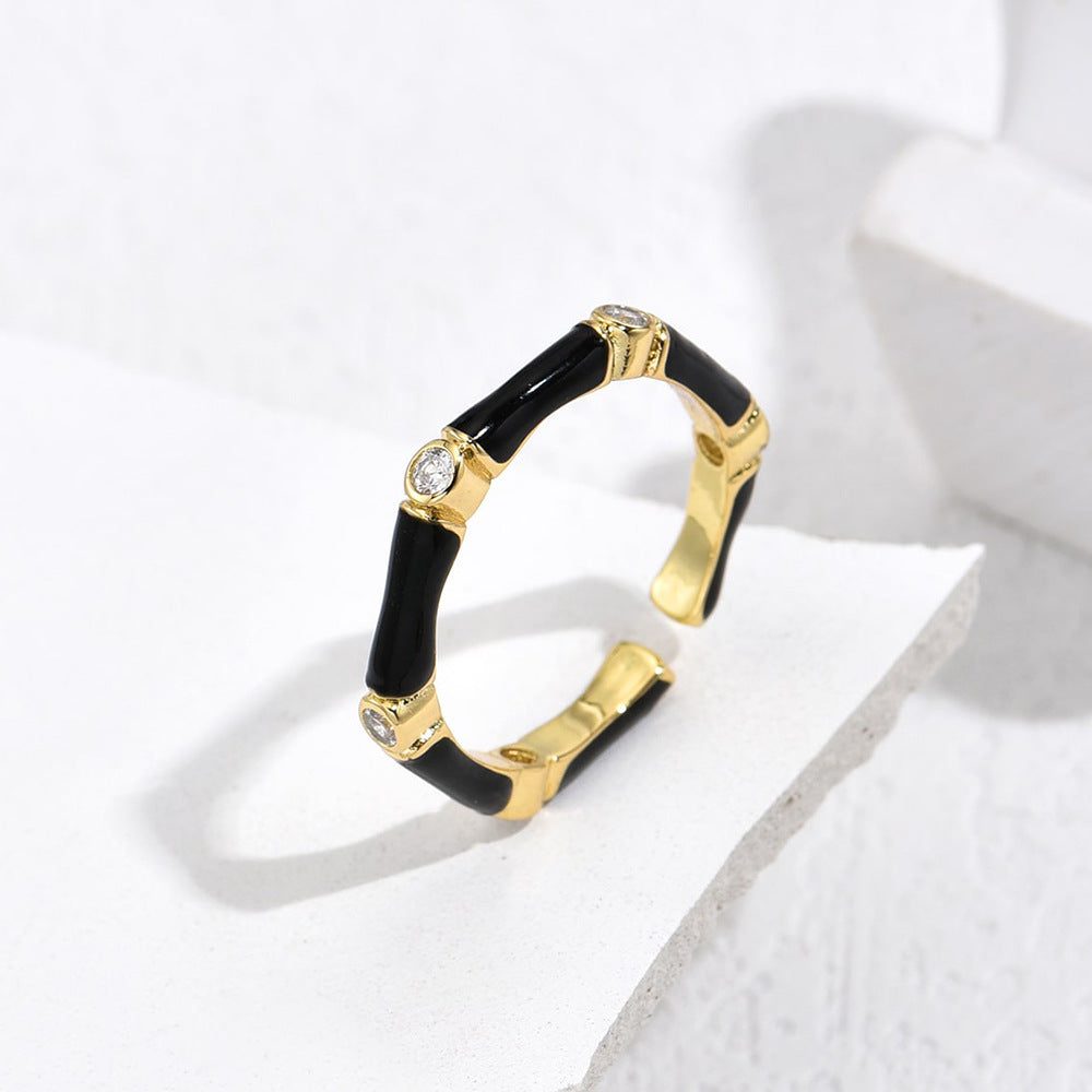 Elegant French-Style Geometric Copper Ring with Real Gold Plating and Enamel Zirconia for Women