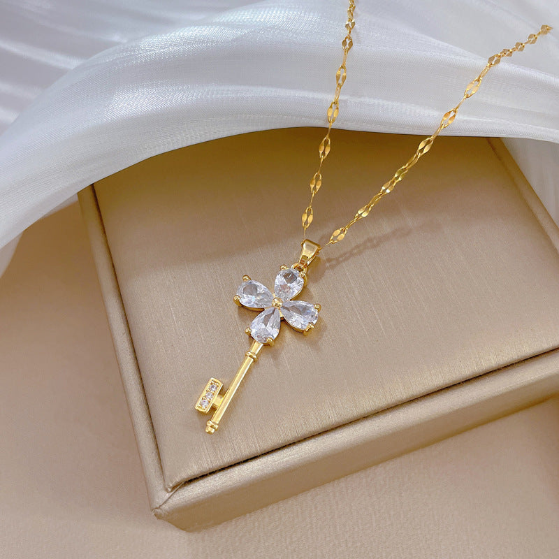 Luxury Floral Design Titanium Steel Geometric Pendant Necklace for Women Delicate Clavicle Chain in Deep Pink